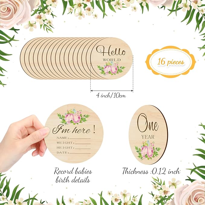 Tiamon 16 Pieces Wooden Baby Monthly Milestone Cards Monthly Milestone Marker Discs Double Sided Wooden Circles Months Signs for Baby Shower Newborn Photo Props(Flower)