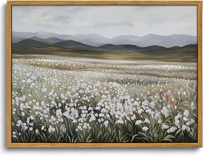 OIQArtOIQ Framed Vintage Landscape Wall Art Wildflowers Natural Scenery Oil Painting Canvas Prints Farmhouse Decor Floral Rustic Fall Pictures for Kitchen Bedroom Living Room Bathroom