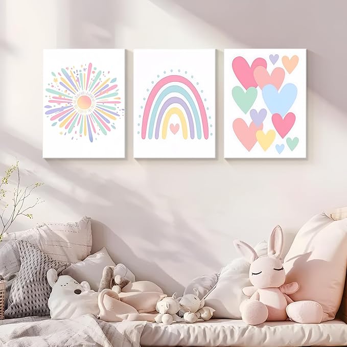 Dytial 3 Piece Toddler Girl Room Decor, Rainbow Wall Decor for Girls Bedroom, Colorful Boho Sunshine Paintings for Nursery Decor, Kids Room Wall Decor, Classroom Decoration 12x16 Inch
