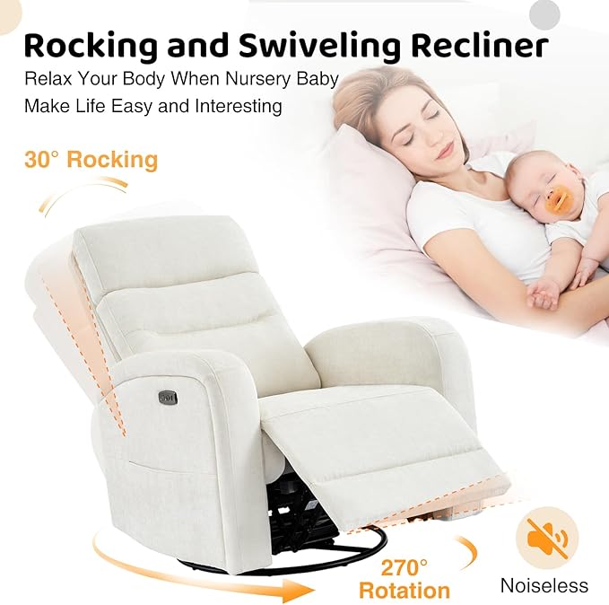 Glider Recliner Nursery Chair, Power Swivel Rocker Recliner with Adjustable Backrest Support, Swivel Rocking Nursery Recliner Chairs with USB and Type-C Ports for Living Room, Chenille Cream White