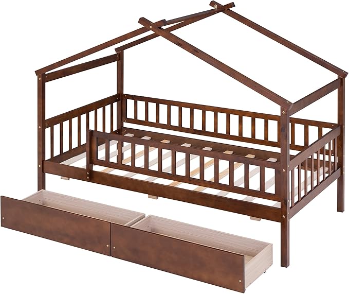 Merax Twin Size Wooden House Bed with Two Drawers, Wood Bed Frame with Roof and Safety Guardrail for Kids, Teens, Boys or Girls, Walnut