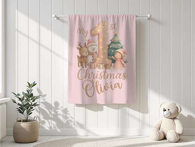 Personalized Baby's First Christmas Blanket, Custom Teddy Bear Snowman Baby Name Christmas Blanket, Soft Fleece Or Sherpa Throw, Baby Shower, Made in USA