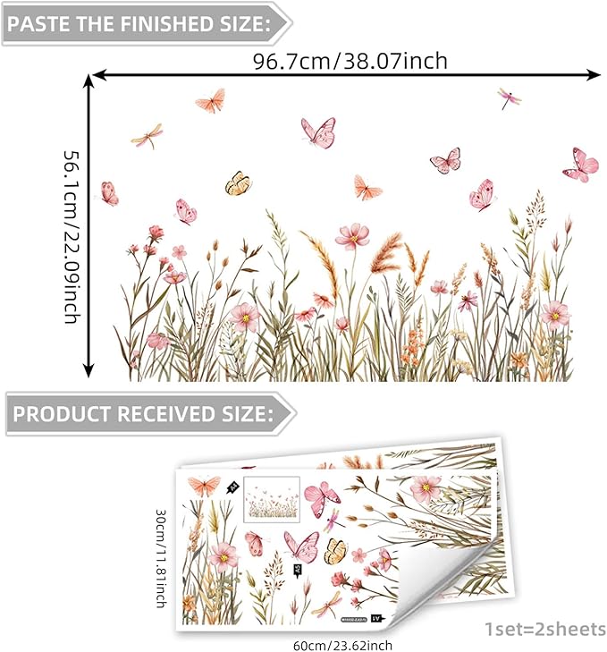 Boho Flower Wall Decals Foxtail Grass Plants Wildflower Floral Leaves Butterflies Dragonflies Wall Stickers for Bedroom Living Room Wall Art Décor