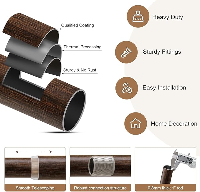 2 Pack Deep Walnut Wood Grain Curtain Rods for Windows 48 to 84 Inches 1" Diameter Heavy Duty Window Curtain Rod Adjustable with Solid Finials for Living Room Bedroom Kitchen Farmhouse Outdoor