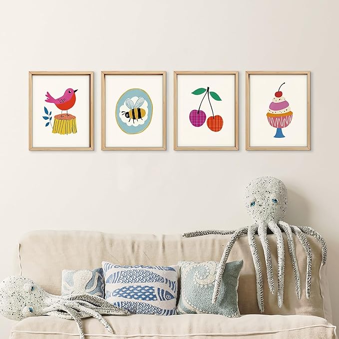 VONTP Kids Classroom Wall Art Decor, Eclectic Retro Bird Bee Cherry Cake Classroom Prints Poster Wall Decorations for Kids Nursery Toddler Girls Room Bedroom Playroom, 8x10 Inch Set of 4 (Unframed)