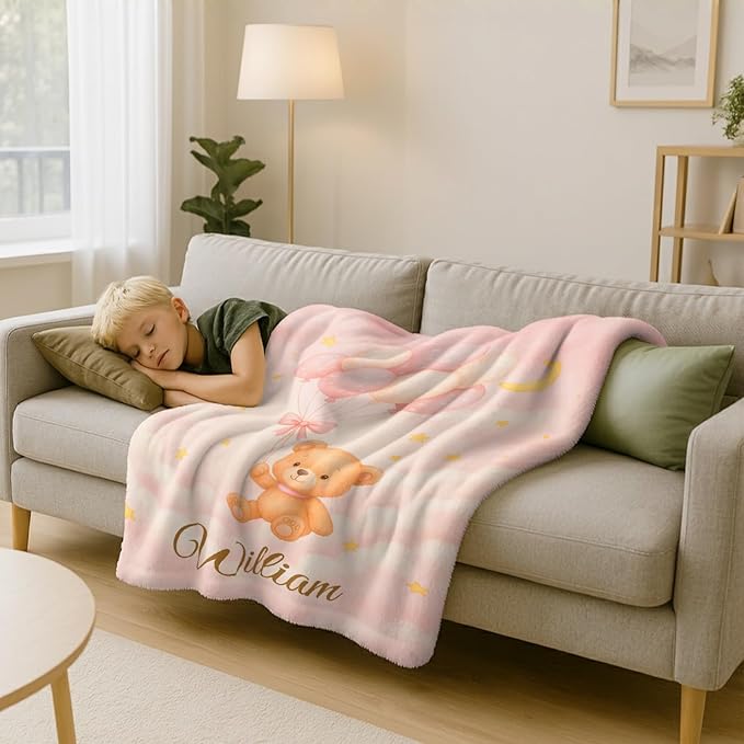 Personalized Baby Blanket – Printed in USA, Baby Blankets for Girls & Boys with Name, Newborn Essentials Must Haves, Soft Plush Flannel, Easter Christmas Brithday Gifts for Kids Toddlers (Blue Pink)