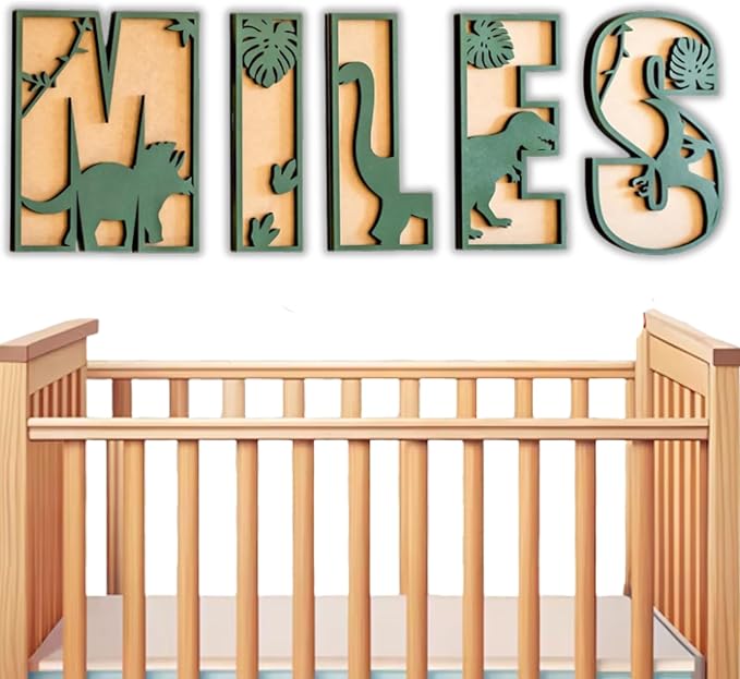 Personalized Wooden Name Sign - Custom Baby Name Signs for Nursery & Kids Room, Baby Announcement Sign, Wall Name Signs Personalized, Round Wooden Letters for Nursery Decor (Dinosaur)