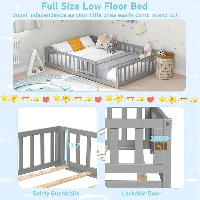 KOMFOTT Full Size Wood Floor Bed with Door & Fence, Montessori Bed Frame with Full Length Safety Guardrails, Slats Support, Door & Latch, Wooden Montessori Floor Bed, No Box Spring Needed (Grey)
