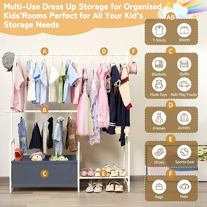 Kids Clothing Rack with Storage, Baby Clothes Rack Organizer Made of Natural Bamboo, Adjustable Hanging Rods for Dresses, Jackets, T-Shirts, Child Safe kids closet for Bedroom or Playroom