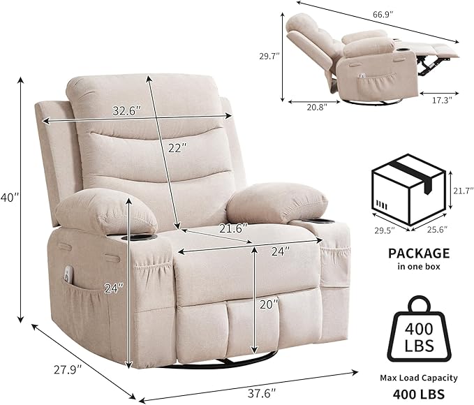 Recliner Chair Nursery, Oversized Manual Reclining Rocking Chair, 360 Swivel Glider with Cup Holder, Massage and Heat Recliner, Indoor Small Single Sofa Chairs for Adults, RV, Bedroom