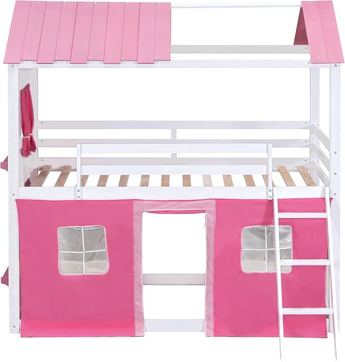 Full Size House Bunk Bed with Elegant Windows and Sills, Solid Wood Tent Bed Frame with Guardrails for Kids Teens Boys Girls, Versatile Spacious Under Bed Space with Curtains (White+Pink C)