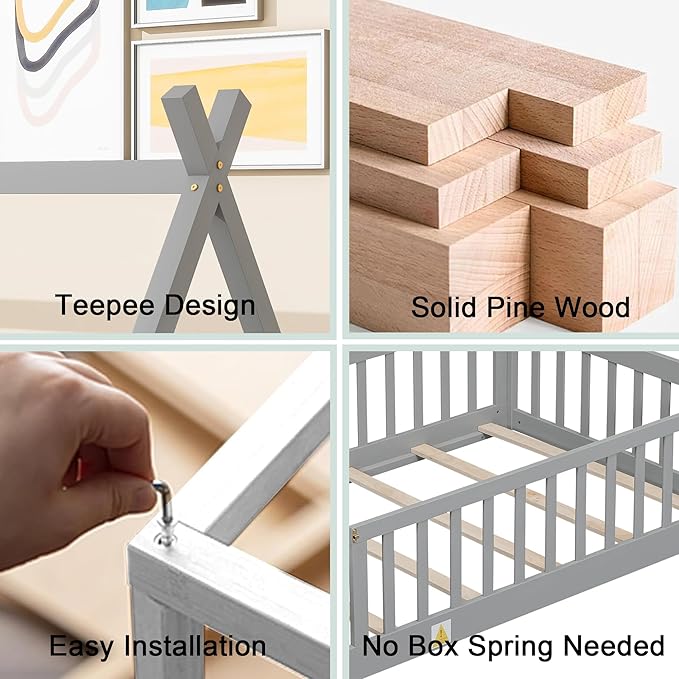 Twin House Bed Frame with Fence Rails and Door,Wood Montessori Floor Bed with Slats Support,Teepee Tent Beds Kids Bed Frames for Girls Boys, Grey