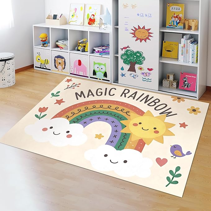 Rainbow Sun Pattern Soft Girls Area Rug for Kids Room Washable Artificial Wool Bedroom Living Room, Funny Carpet Non-Slip Outdoor Indoor Floor Carpet Home Decor, 2'x3'