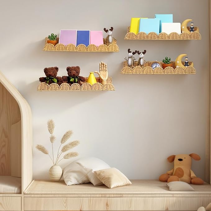 Pinkunn 4 Pcs Nursery Book Shelves 23.6 Inch Rattan Scalloped Floating Bookshelves Wicker Boho Book Shelf for Wall Mounted Decor Nursery Rooms Hanging