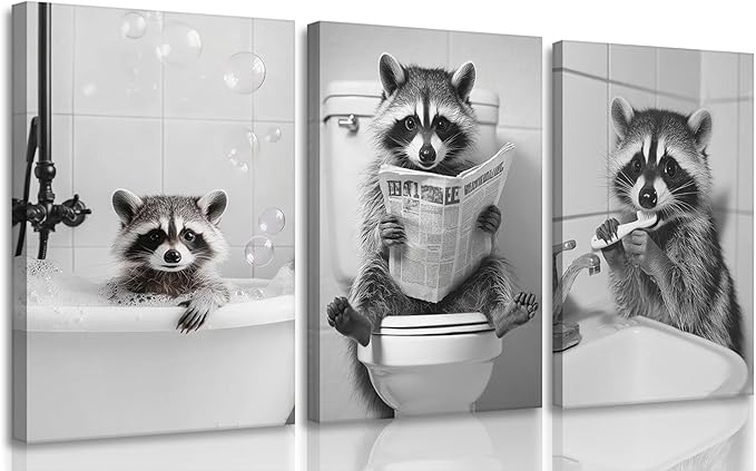 Funny Raccoon Bathroom Canvas Wall Art set of 3 Black and White Cute Raccoon Sitting on Toilet Poster Print Artwork Humor Adorable Animals Pictures Wall Decor for Washroom Restroom laundry 12x16in