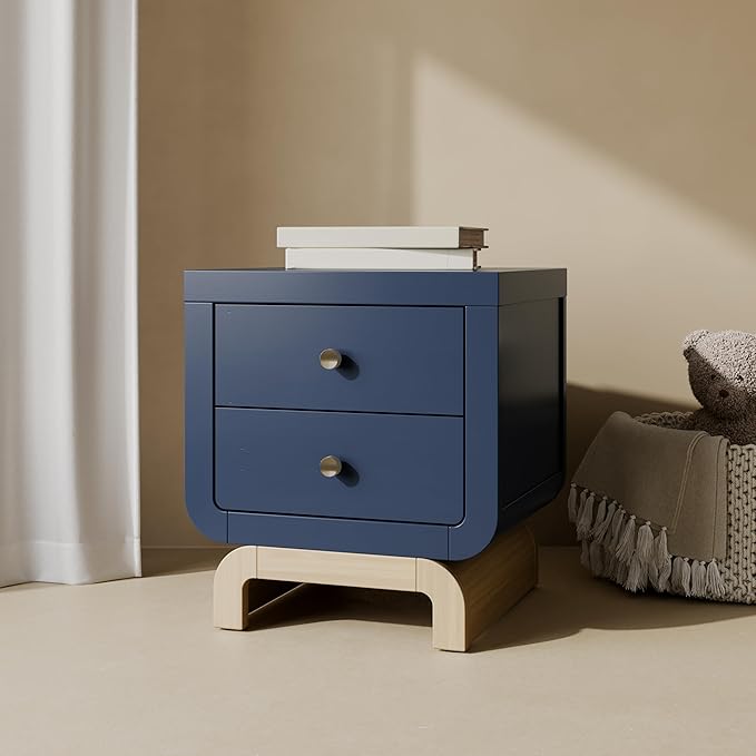 Storkcraft Santorini 2 Drawer Nightstand (Midnight Blue & Driftwood) - GREENGUARD Gold Certified Nightstand for Kids Bedroom, Premium Wood with Curved Base, “Champagne” Metal Knobs
