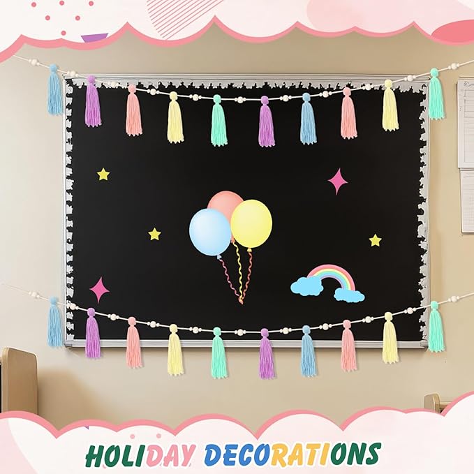 2 Pcs Tassel Garland with Wood Beads, Handmade Cotton Yarn Wall Hanging Banner Boho Tassel Wall Hanging Party Decor for Nursery, Birthday Baby Shower Home Classroom Decoration(Macarons)