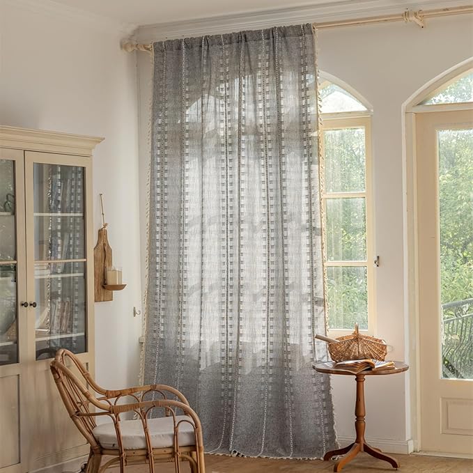Deeprove Dark Gray Boho Curtain 84 inches Length for Living Room Bedroom Nursery, Bohemian 84 inches Long Art Deco Stripe Sheer Cotton Linen Charocoal Grey Emroidery with Tassel, W52xL84, 1 Panel