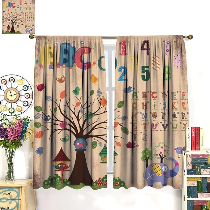 Animal Alphabet Numbers Tree Curtain Learning ABC Letters Birds Numbers Home Printed Rod Pocket Window Treatments for Bedroom Living Room Playroom Nursery 42" W X 63" L