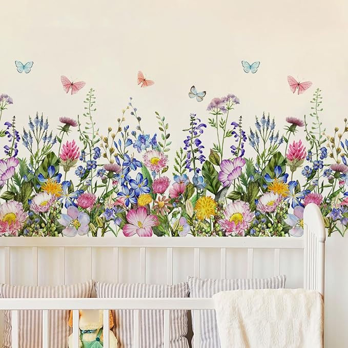 4 Pieces Flowers Wall Decals Vinyl Flowers Wall Stickers Removable Floral Murals Peel and Stick Colorful Flower Decor for Girls Bedroom Living Room Nursery (Butterfly)