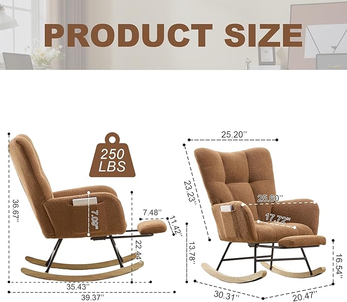 Nursery Rocking Chair Teddy Upholstered Glider Rocker with Footrest Accent Chair with High Backrest Armchair Comfy Side Pocket Chair for Living Room, Bedroom, Offices (Large Brown)