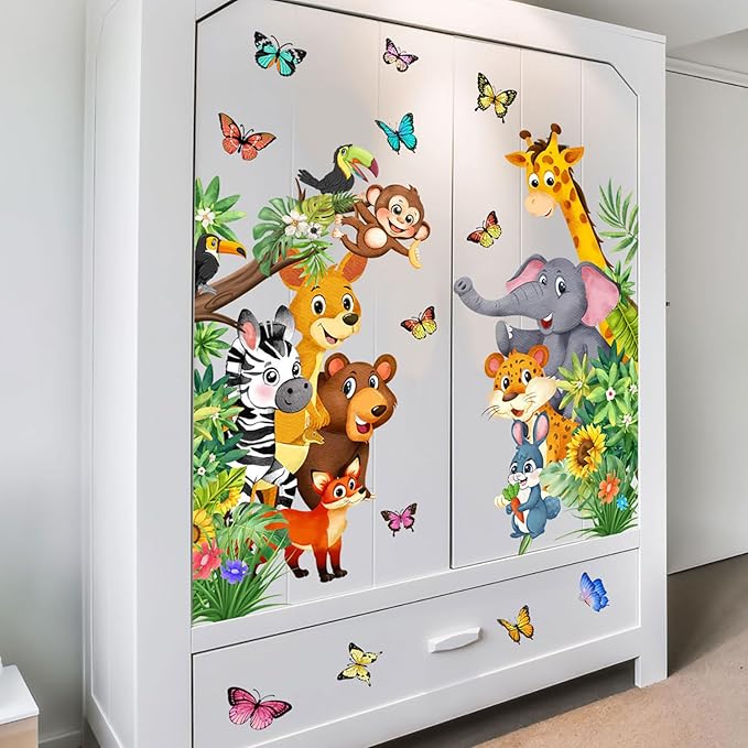 Jungle Forest Animals Wall Decals Animal Door Sticker Removable Reusable Peel Stick Elephant Lion Zebra Giraffe Safari Mural Art Nursery Kids Room Baby Bedroom Playroom Daycare Living Room