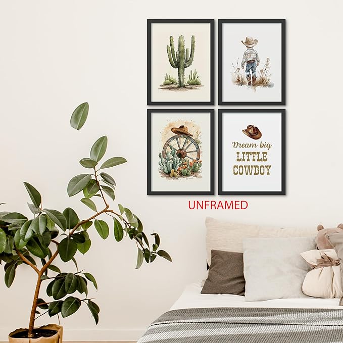 Hxlac Western Cowboy Wall Art Prints Set of 4 Unframed - Desert Cactus Hats Wall Decor for Toddler Kid Boy Room, Dream Big Little Cowboy (12x16Inches)