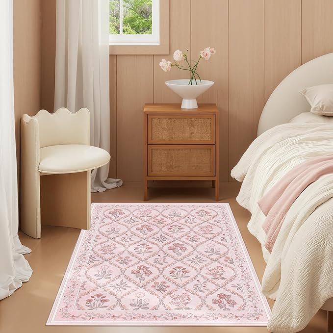 Small Throw Rug for Bedreoom 2x3 Washable Boho Aesthetic Pink Floral Non Slip Cute Area Rug for Side of Bed Teen Girls Room Kitchen Bathroom, Pink Multi