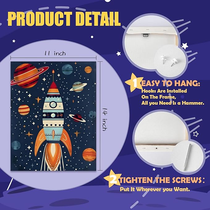 URLLUAE Rocket Ship Space Wall Art Posters for Kids Room, Colorful Outer Space Planet Canvas Poster Prints for Boys Bedroom Classroom Nursery Playroom Wall Decor, 11x14 Inch