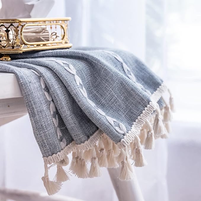 Deeprove Boho Curtains 84 Inches Long for Bedroom Living Room Kitchen, Cotton Linen Striped Embroidery Semi Blackout Bohemian Window Treatment Drape Handmade Tassels 1 Panel W52 x L84 Greyish -Blue