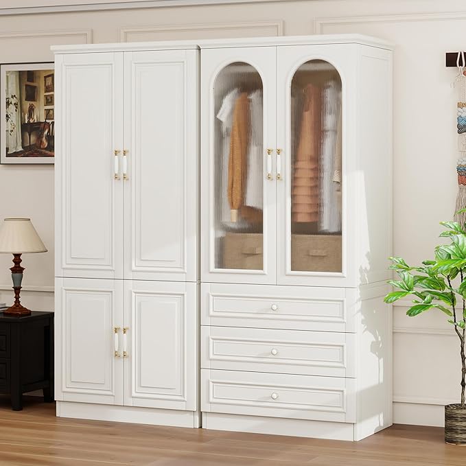 Solid Wood Wardrobe Closet:TemkTuek 70.87" Large Armoire Wardrobe Cabinet,Clothing Storage Cabinet with Doors,Shelves and Hanging Rails,Vintage Freestanding,Bedroom,White(18-19)
