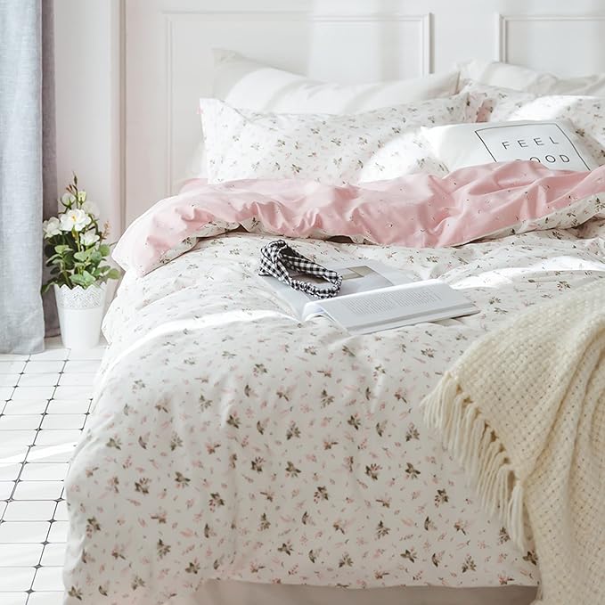 HighBuy Floral Duvet Cover Full Size Girl Cotton Pink Floral Coquette Bedding Comforter Covers Full Lightweight Soft for Girls Garden Style Bedding Set with Zipper Closure for Children
