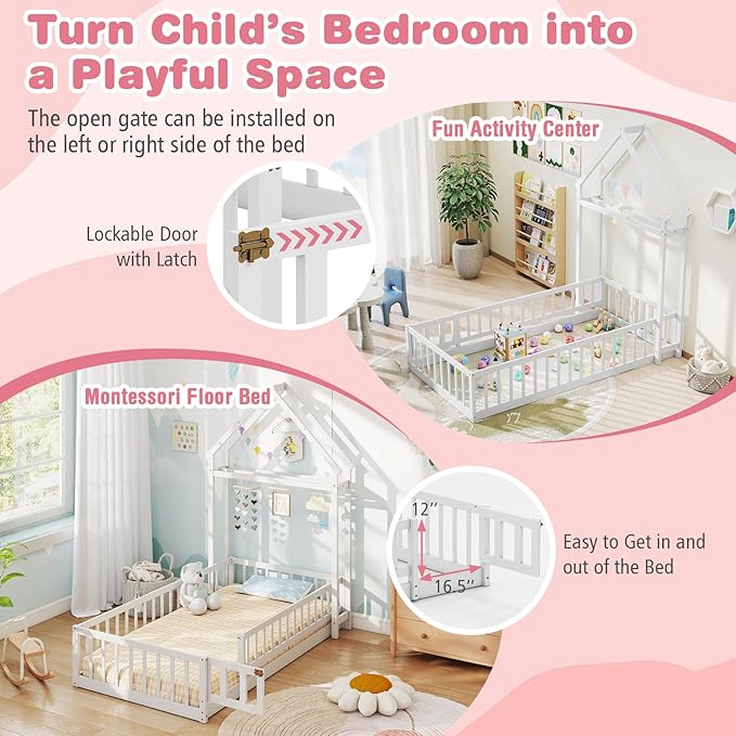 MAT EXPERT Twin Floor Bed with House-Shaped Headboard, Montessori Kids Bed with Detachable Clothes Hanger, Full Length Safety Guardrails, Solid Wood Twin Bed Frames for Kids (White)