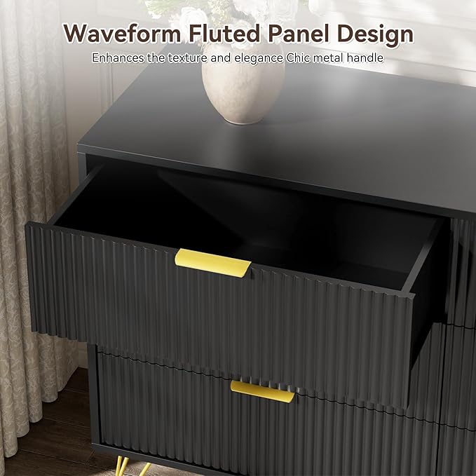 LYNSOM Fluted Dresser for Bedroom, Black 6 Drawer Dresser with Gold Handles and Wide Drawers, Wood Chest of Drawers for Bedroom, Hallway