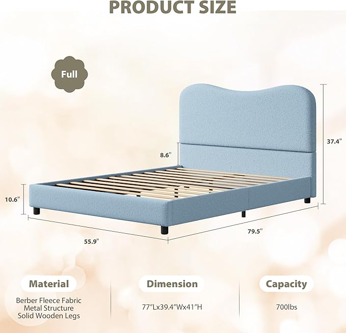 Senfot Blue Boucle Bed Frame with Upholstered Headboard, Soft Low Profile Sturdy Platform Bed with Rounded Corners Design, Heavy Duty, Wooden Slats, Noise Free, No Box Spring Needed, Full Size