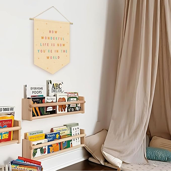 Nursery Decor, How Wonderful Life Is Now You're in the World Wall Hanging Sign Flag, Positive Affirmations, Kids Affirmations Nursery Wall Art Canvas Hanging Pennant Flag Banner 15x11in