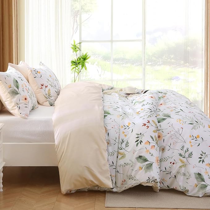 MUXHOMO Duvet Cover Queen Size, Reversible Floral Vintage Duvet Cover Set with Zipper Closure, 3 Pieces Botanical Patterns Soft Microfiber Bedding Set (90"x90", 2 Pillow Cases, Garden Leaves White)