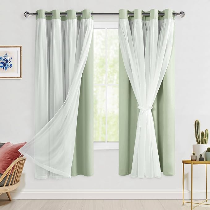 Hiasan Blackout Curtains with Sheer Overlay, Grommet Thermal Insulated Privacy Mix and Match Double Layer Window Curtains for Bedroom, Living Room, 2 Drape Panels with Tiebacks, Seafoam, 52W X 63L