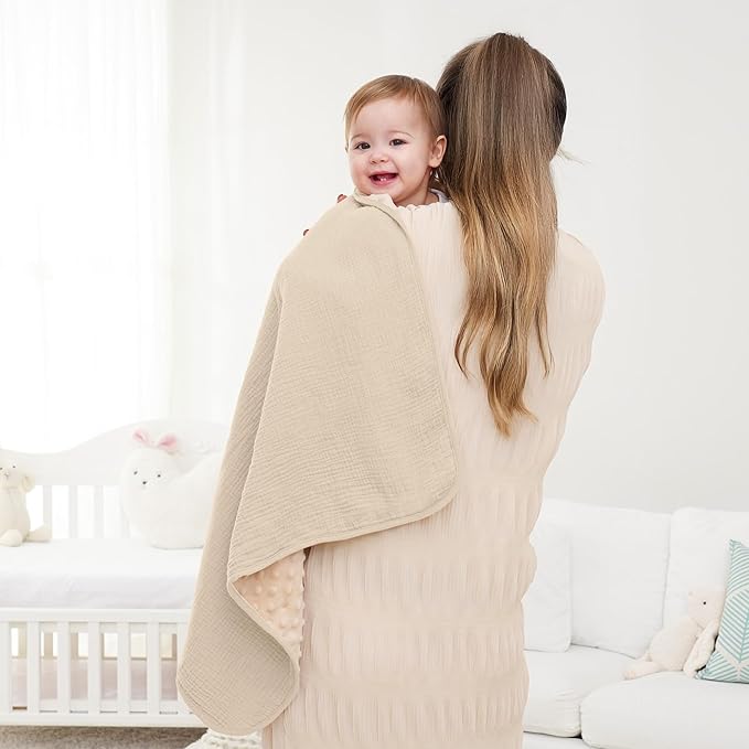 Susurration Baby Blanket for Unisex Boys Girls, Soft Nursery Minky Blanket with Muslin Cotton Front and Dotted Fleece Back, Receiving Blanket for Baby Newborn Infant, 30x40inch (Cream)