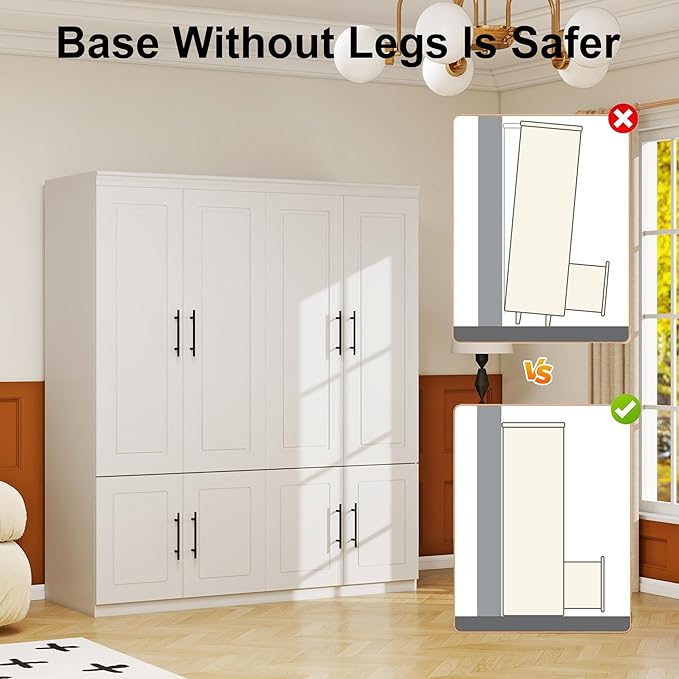 White Armoire Wardrobe Closet Cabinet: 4 Door Wood Wardrobe Closet Combination Cabinet Wooden Bedroom Armoire with Hanging Rods for Home/Bedroom/Living Room