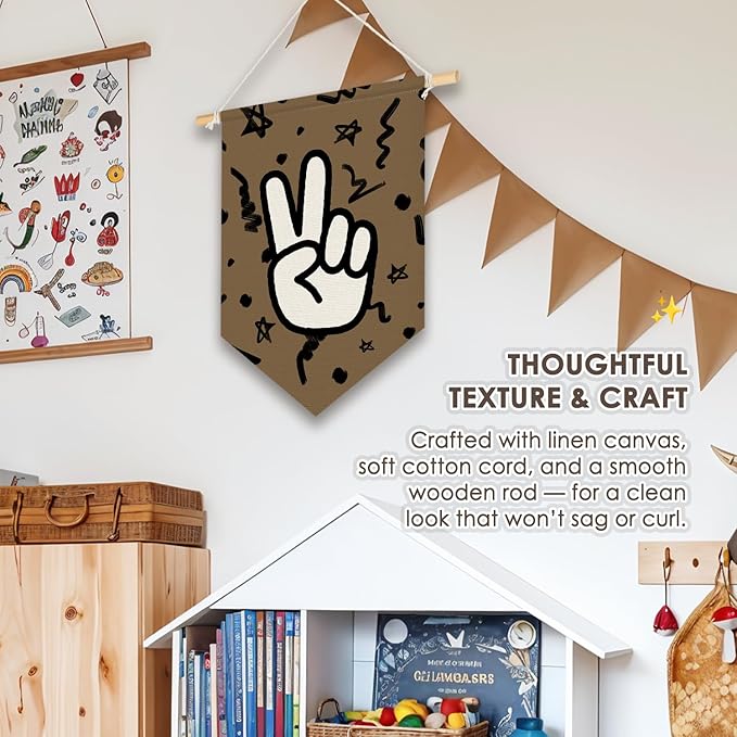 Wheatwin Boys Room Decor, Trendy Retro Wall Decor for Kids Toddler Nursery Room Bedroom Playroom, Peace Sign Brown Wall Hanging Pennant Flag Banner 15x11 Inch