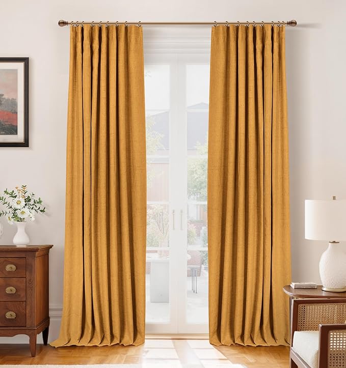INOVADAY 100% Blackout Curtains for Bedroom, Black Out Curtains 84 Inch Long, Clip Rings Linen Blackout Drapes, Thermal Insulated Room Darkening for Living Room, 2 Panels - Mustard Yellow,W50xL84