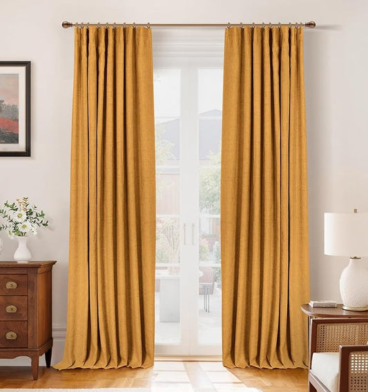INOVADAY 100% Blackout Curtains for Bedroom, Black Out Curtains 102 Inch Long, Clip Rings Linen Blackout Drapes, Thermal Insulated Room Darkening for Living Room, 2 Panels - Mustard Yellow,W50xL102