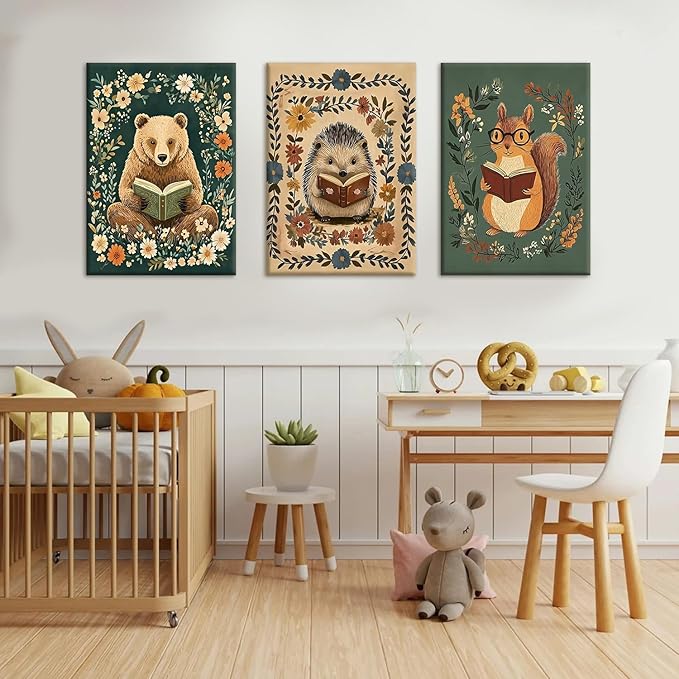 3pcs Animal Reading Canvas Wall Art Cute Woodland Animals Wall Decor Bear Hedgehog Squirrel Pictures Print Bohemian Floral Posters Paintings Suitable for Kids Room Nursery Playroom 12 x 16 Inch