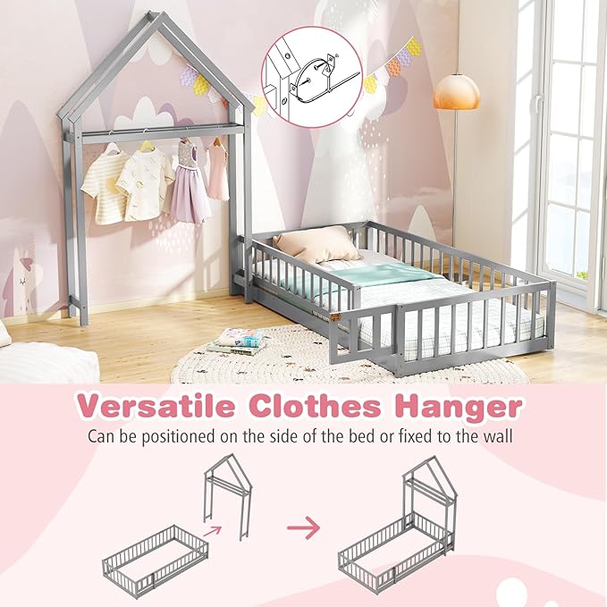 MAT EXPERT Twin Floor Bed with House-Shaped Headboard, Montessori Kids Bed with Detachable Clothes Hanger, Full Length Safety Guardrails, Solid Wood Twin Bed Frames for Kids (Gray)