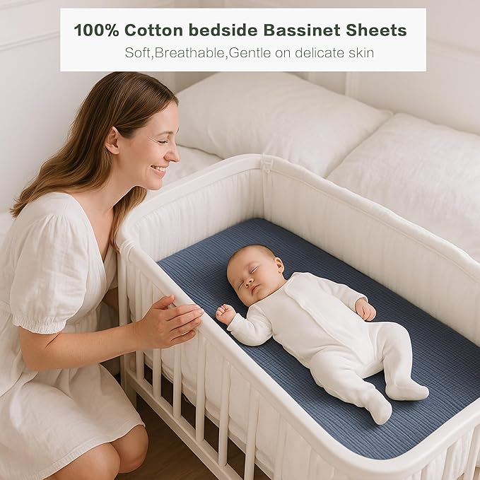 Muslin Bedside Sleeper Bassinet Fitted Sheets, 3 Pack Cotton Baby Sheet for Boys & Girls, Soft, Compatible with Baby Delight, Dream On Me, AMKE and Other Rectangle Mattress (Nightfall Blue)