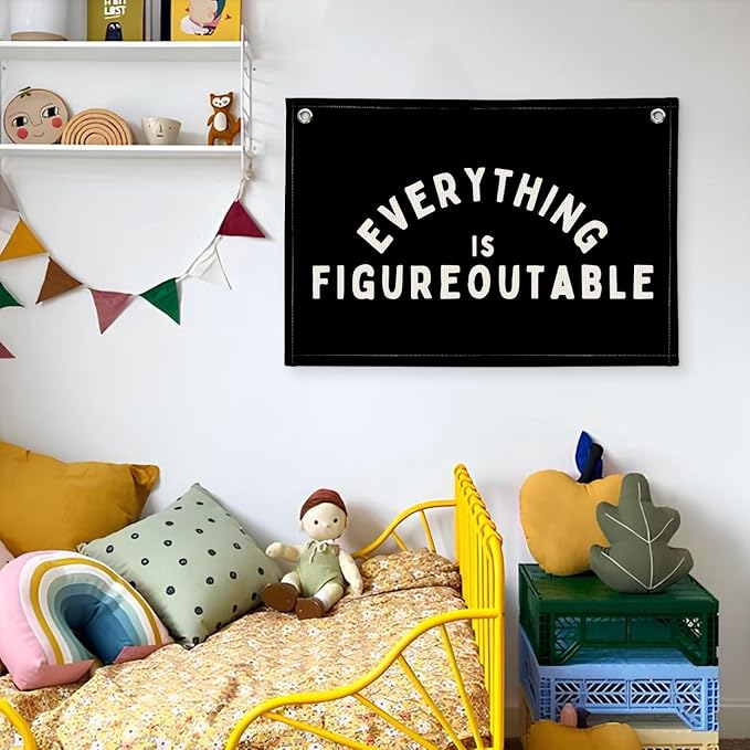 Everything is Figureoutable Inspirational Wall Decor, Motivational Classroom Wall Decor, Classroom Linen Canvas Banner Hanging Flag, 20x30 Inch - Black