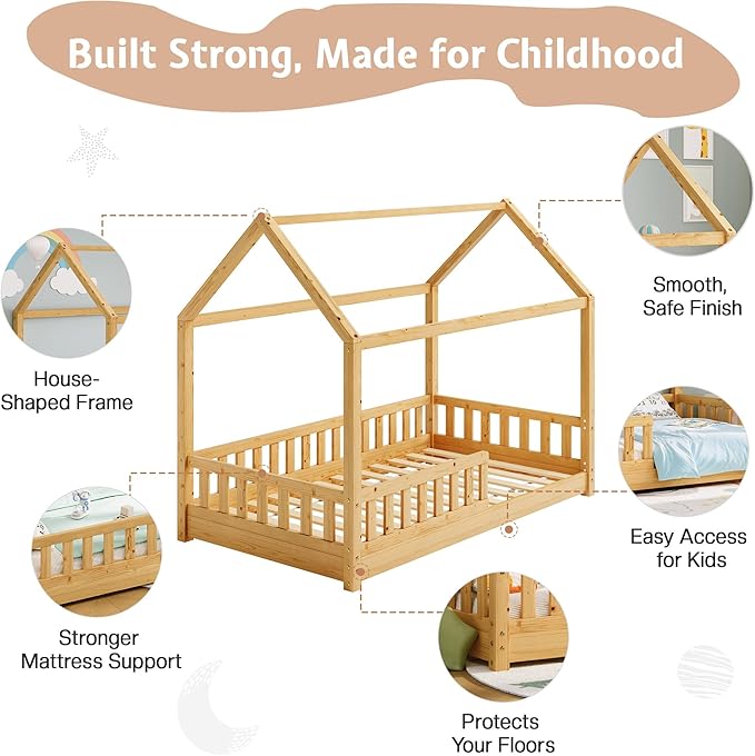 Jocisland Twin Size House Bed for Kids, Montessori Wooden Floor Bed Frame with Guardrails, Removable Rails, Playhouse Roof, Easy Assembly, Toddler Floor Bed for Boys & Girls, Natural Wood