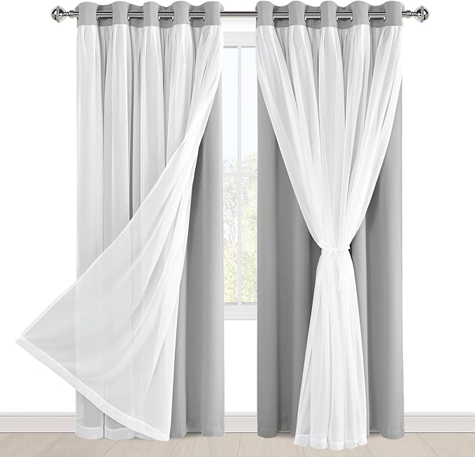 Hiasan Silver Grey Blackout Curtains with Sheer 84 Inches Long, Thermal Insulated Double Layer Room Darkening Curtains for Bedroom, Living Room, 2 Window Drape Panels with Tiebacks, 60W X 84L