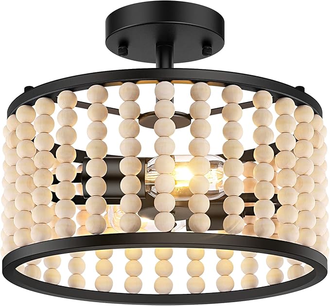 Farmhouse Boho Light Fixture - Wood Beaded Chandelier, Rustic Semi Flush Mount Ceiling Light, Black 2-Light Nursery Light Fixture for Kitchen Island Foyer Hallway Bedroom Living Room, E26 Base